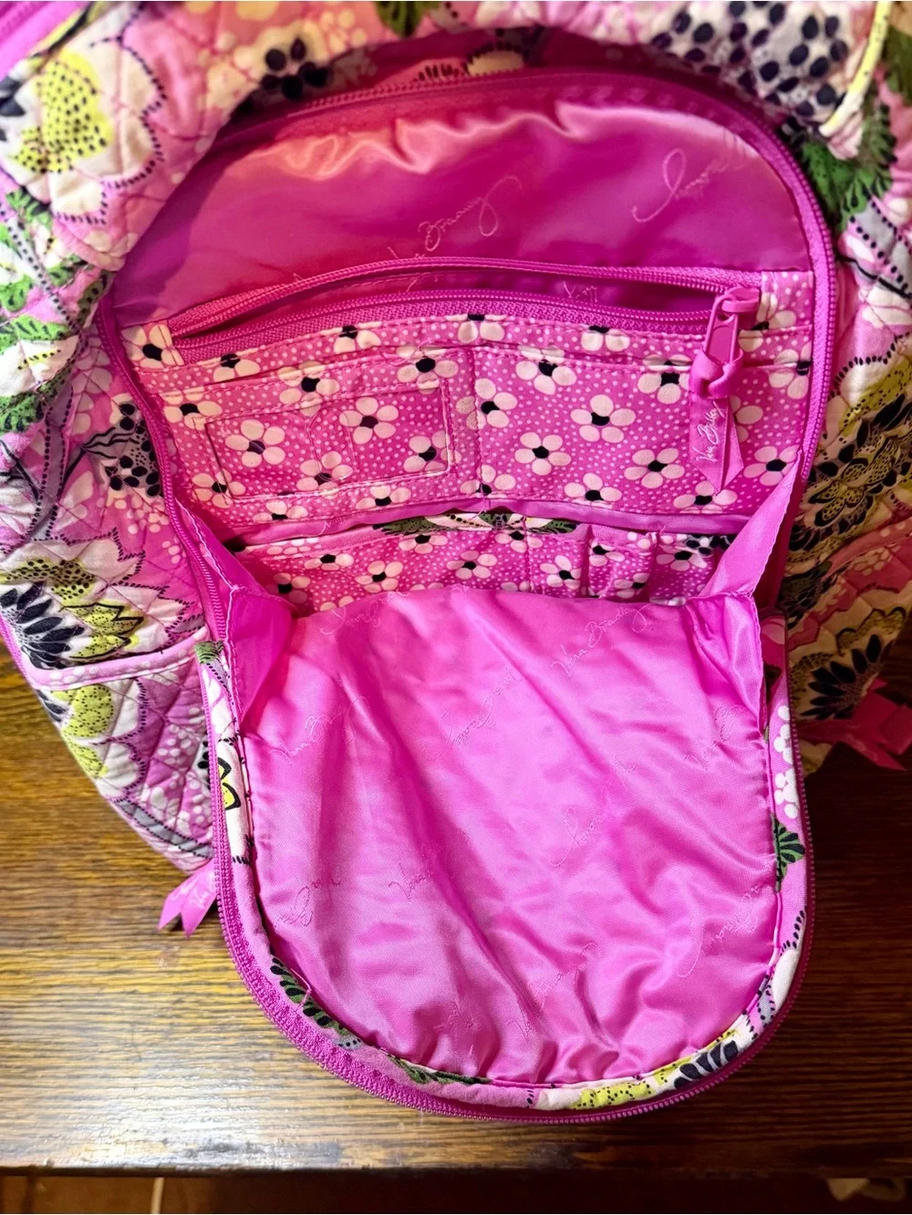 Vera Bradley Pink Floral Quilted Backpack with Green Accents